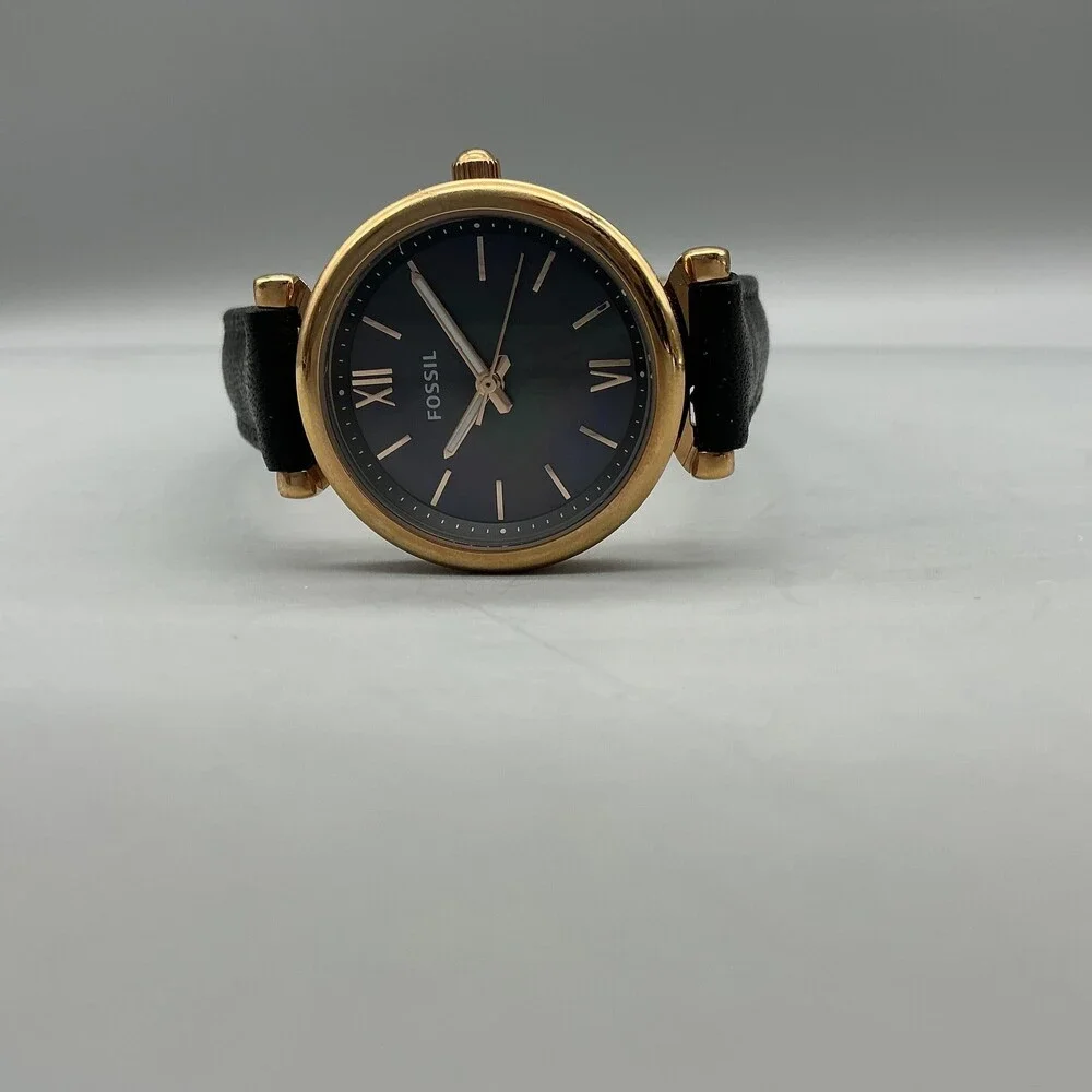 Fossil Carlie Womens Watch 28mm Black Dial Gold Tone Leather ES4700 New Battery